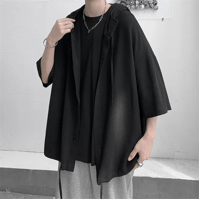 Japanese Style Vintage Oversized Harajuku Shirt Men Casual Loose Hooded Blouse All Match Fashion Streetwear Male Clothes XT879