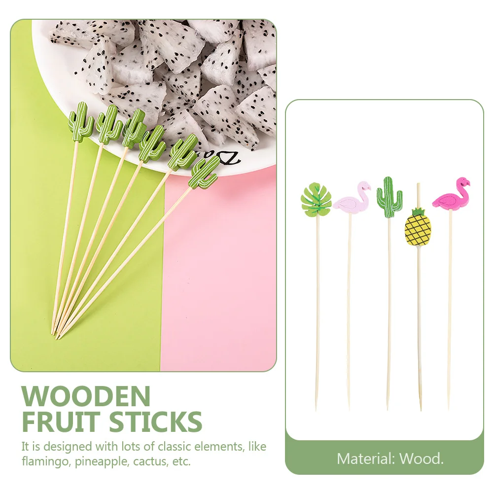 

100Pcs Hawaiian Party Bamboo Toothpicks Wooden Fruit Sticks Cocktail Picks Tropical Theme Flamingo Pineapple Cactus Decoration