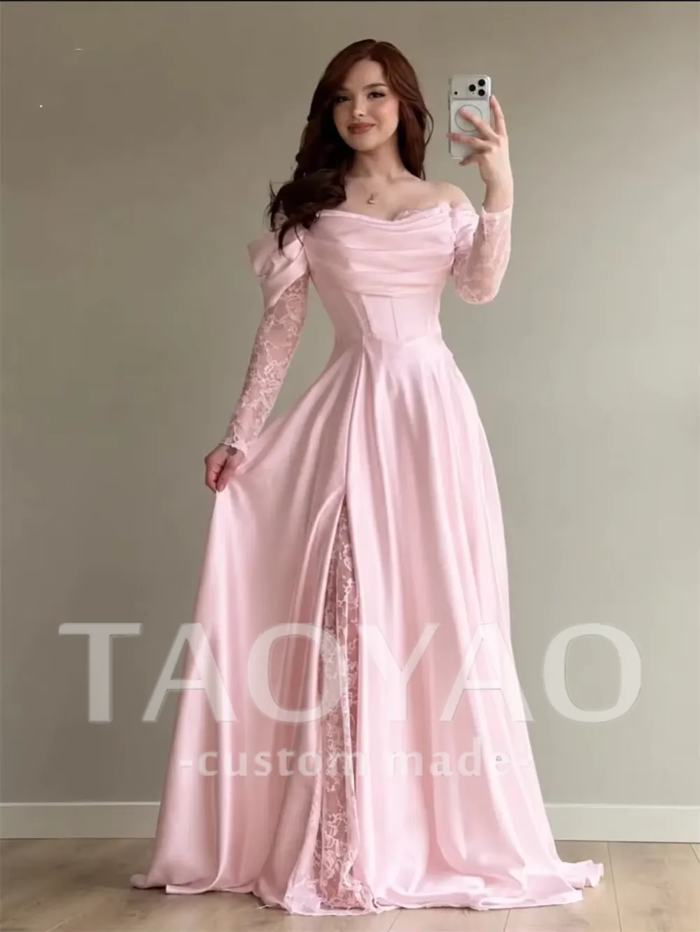 Customizd White Off shoulder Lace Long Sleeve Satin A‑line Evening dress Prom dress High Side Split Satin Dreamy Gala gowns