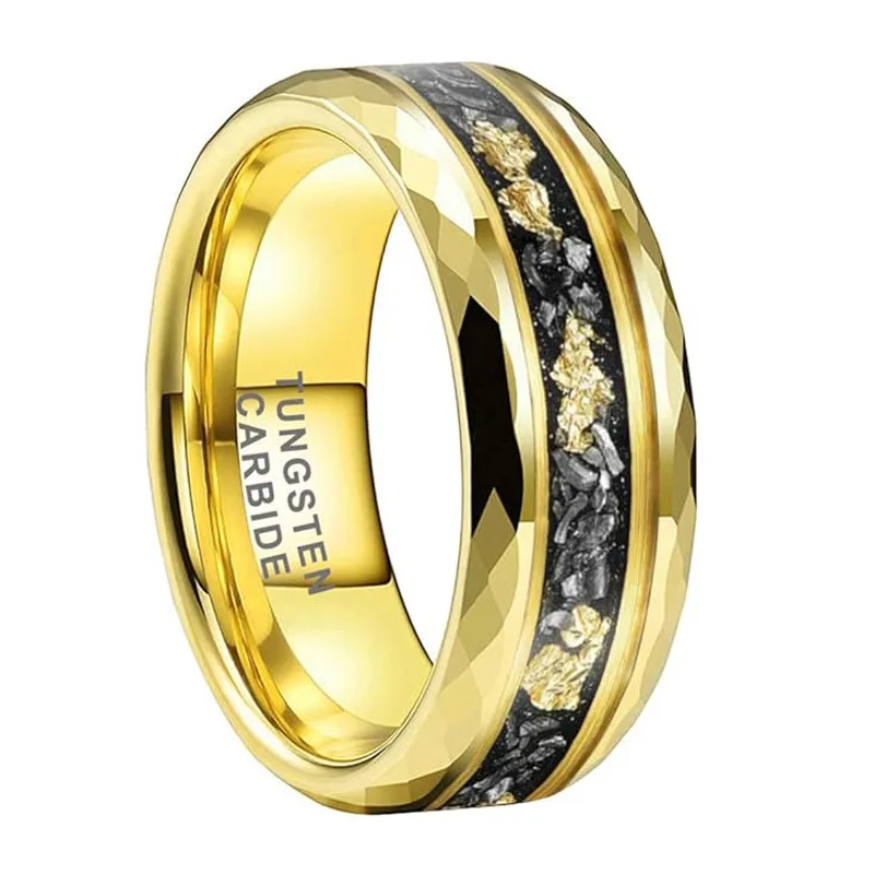 Vintage luxury polygonal cut tungsten steel men's wedding ring inlaid with meteorite fragments  foil size 7-15