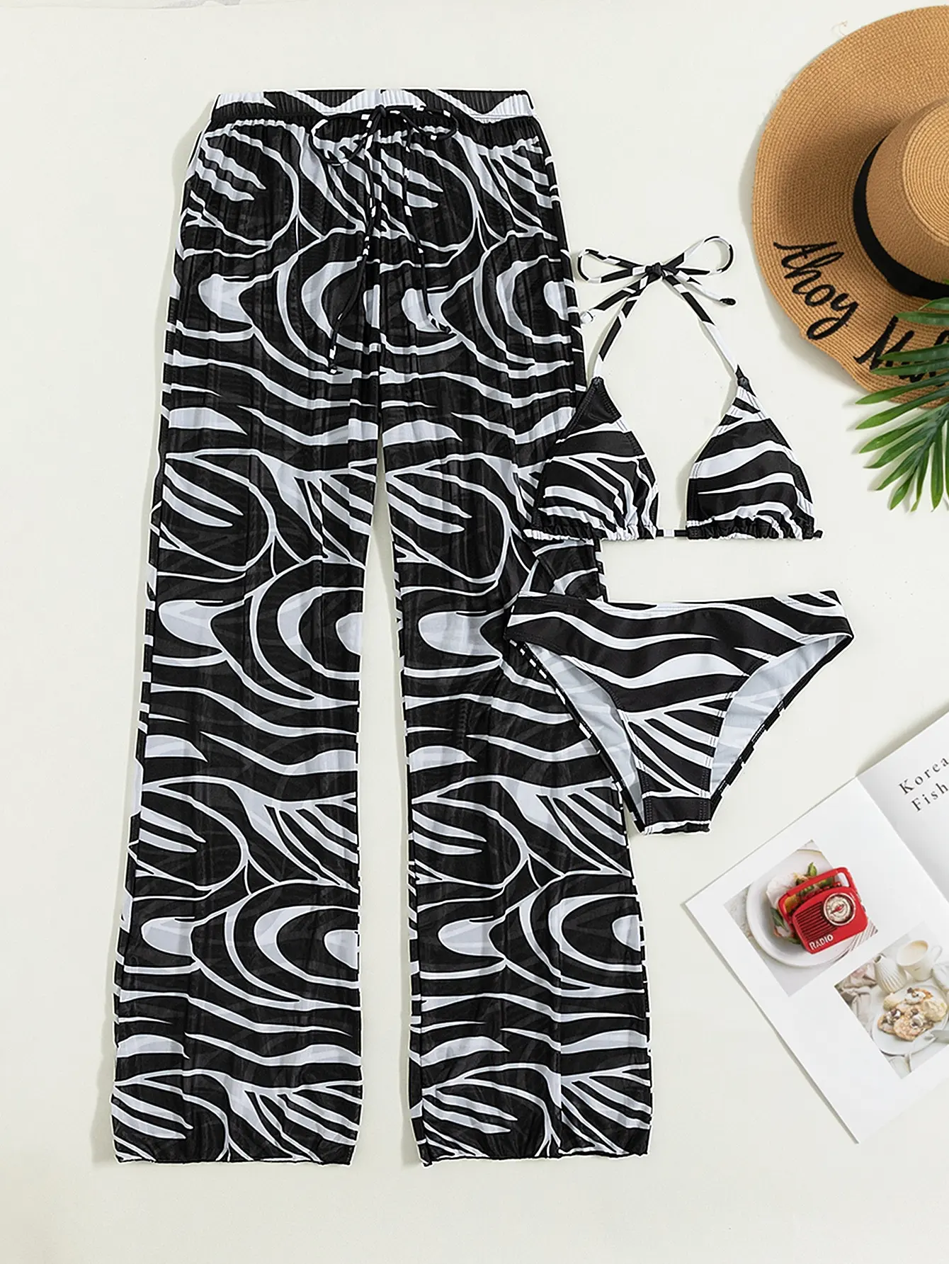 Three Piece Bikini Sets Swimsuit Women Beach Style Swimwear 2023 New Black and White Striped Trousers Bathing Suit