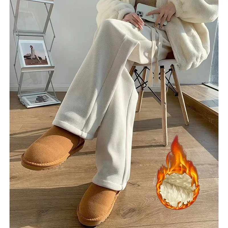 جديد الشتاء سيدة عالية الخصر الصلبة السراويل الحرارية الفتيات أفخم مستقيم الساق السراويل الإناث الثلوج الدافئة مريحة الصوف السراويل #6
