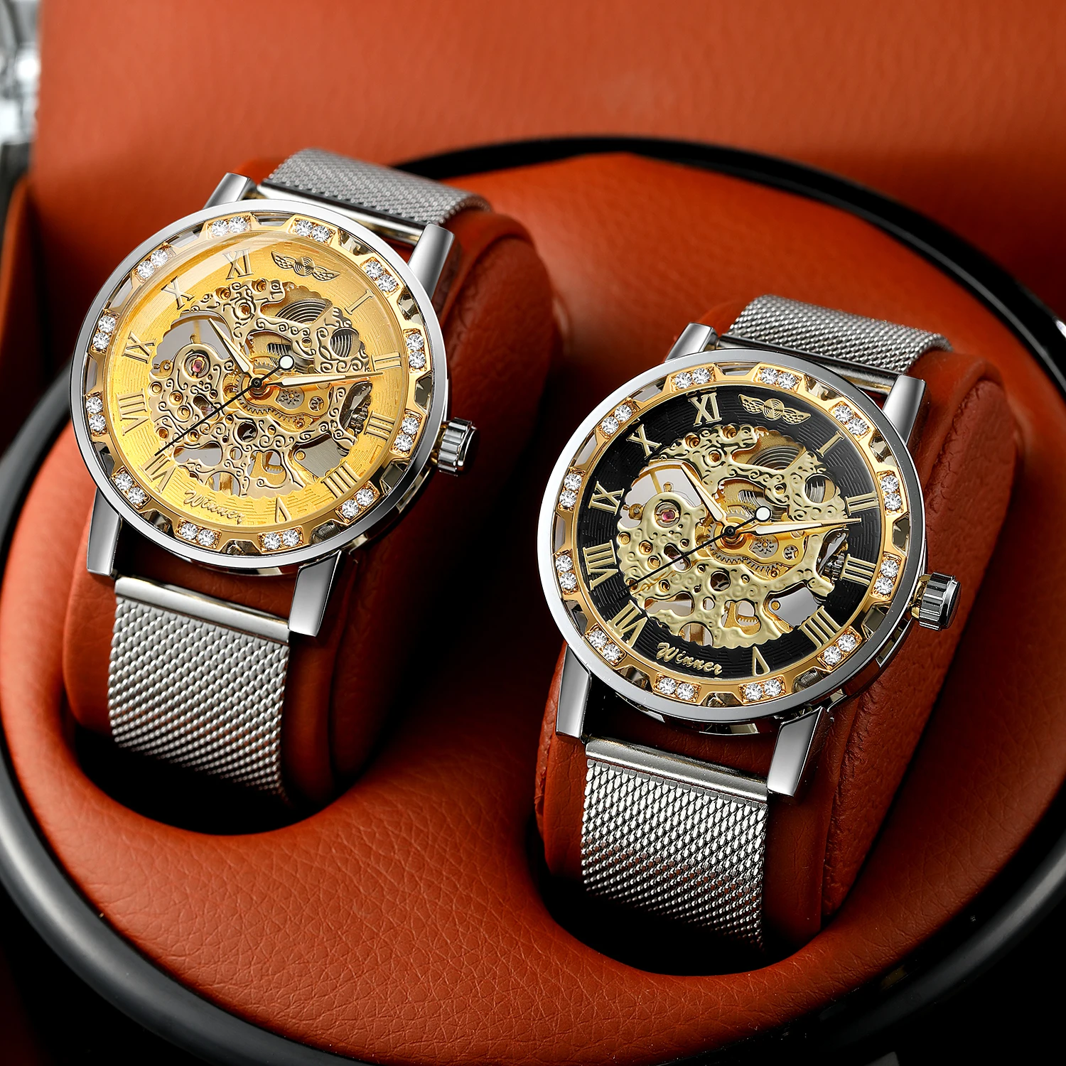 Fashion man 2026 WINNER Gold Diamond Man Watch Steel Skeleton Mechanical Clock Manual Movement High Quality Luxury Wrist Watch