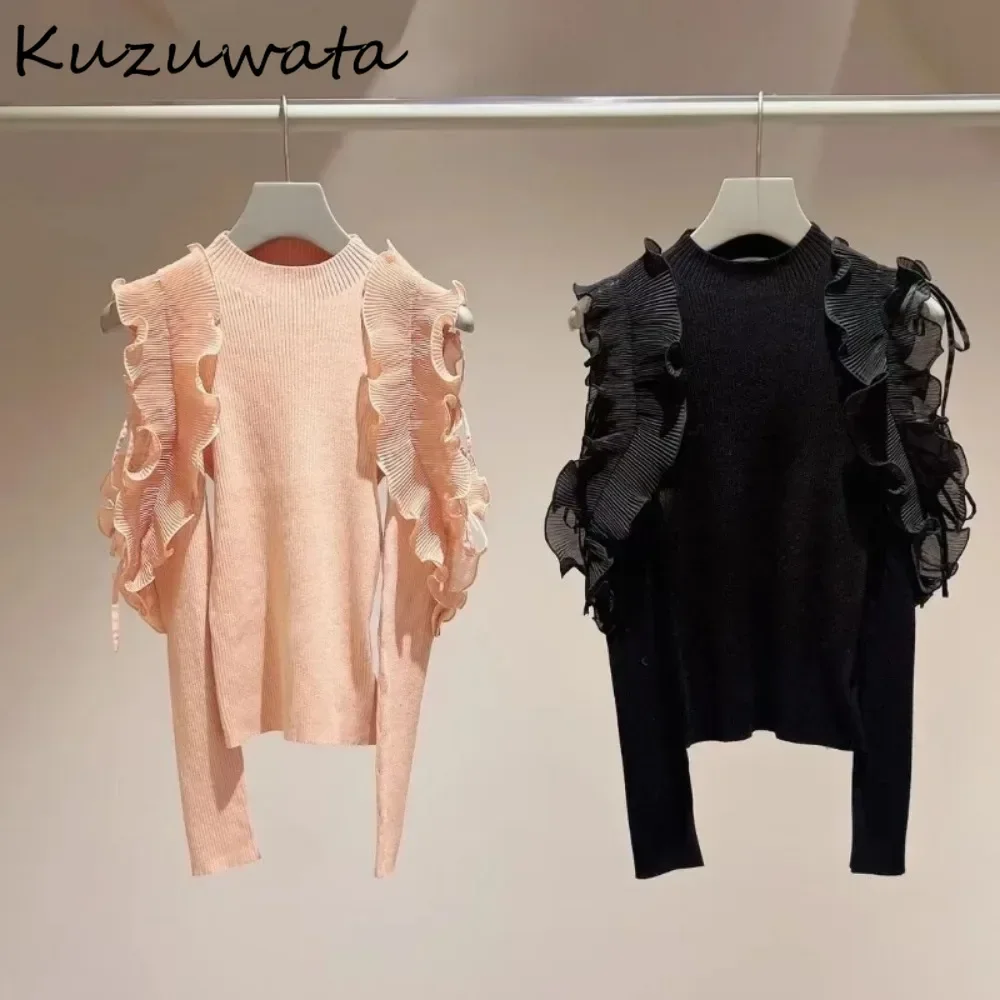 Kuzuwata Winter O Neck Long Sleeve Pullover Sweaters Lace Up Off Shoulder Ruffles Knitted Japan Patchwork All-match Slim Jumper