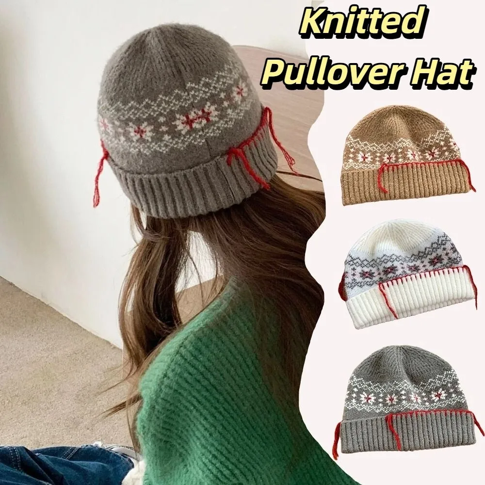 

Ethnic Style Woolen Knitted Pullover Hat Keep Warm Ear Protection Jacquard Woolen Hat Polyester Solid Color Beanies Cap Girls