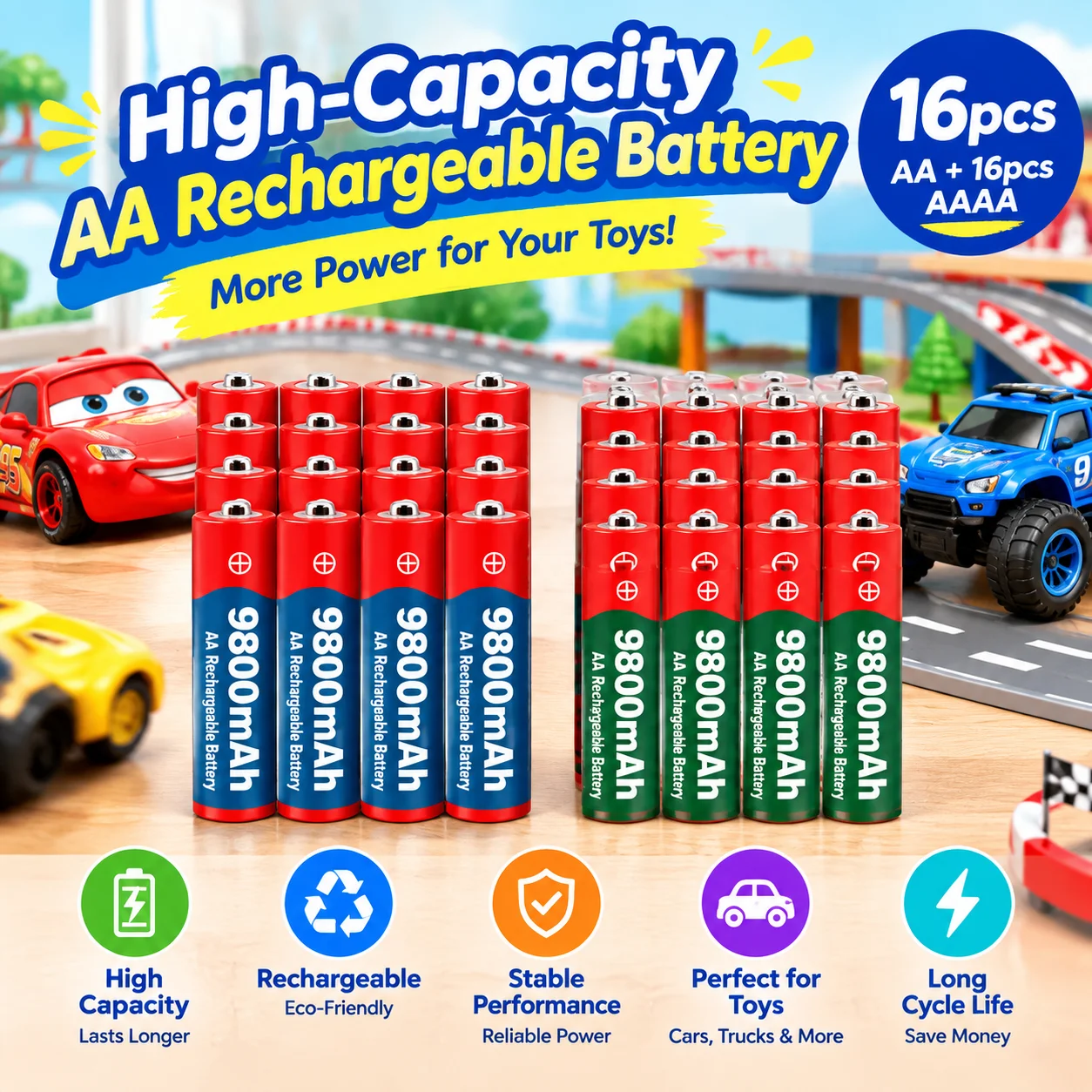 Caricabatterie a 4 slot + batterie ricaricabili da 1,5 V, modelli AA9800mAh e AAA8800mAh, celle ad alta capacità e riutilizzabili per orologi, radio, telecomandi e dispositivi digitali portatili,
