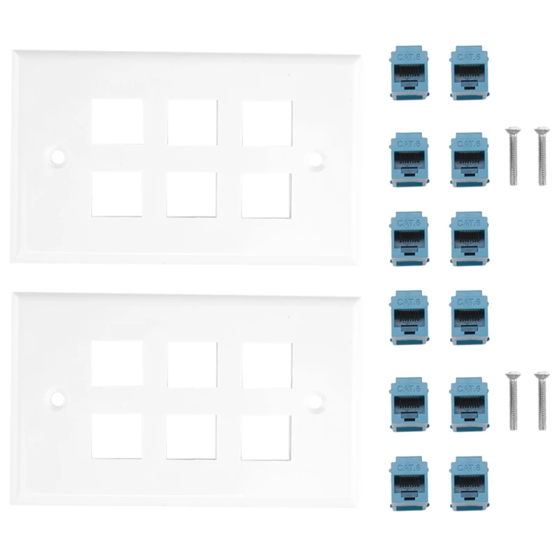 2Pack 6 Port Ethernet Wall Plate, RJ45 Cat6 Female To Female Jack Inline Coupler Plates Ethernet Cable Face Plates(Blue)