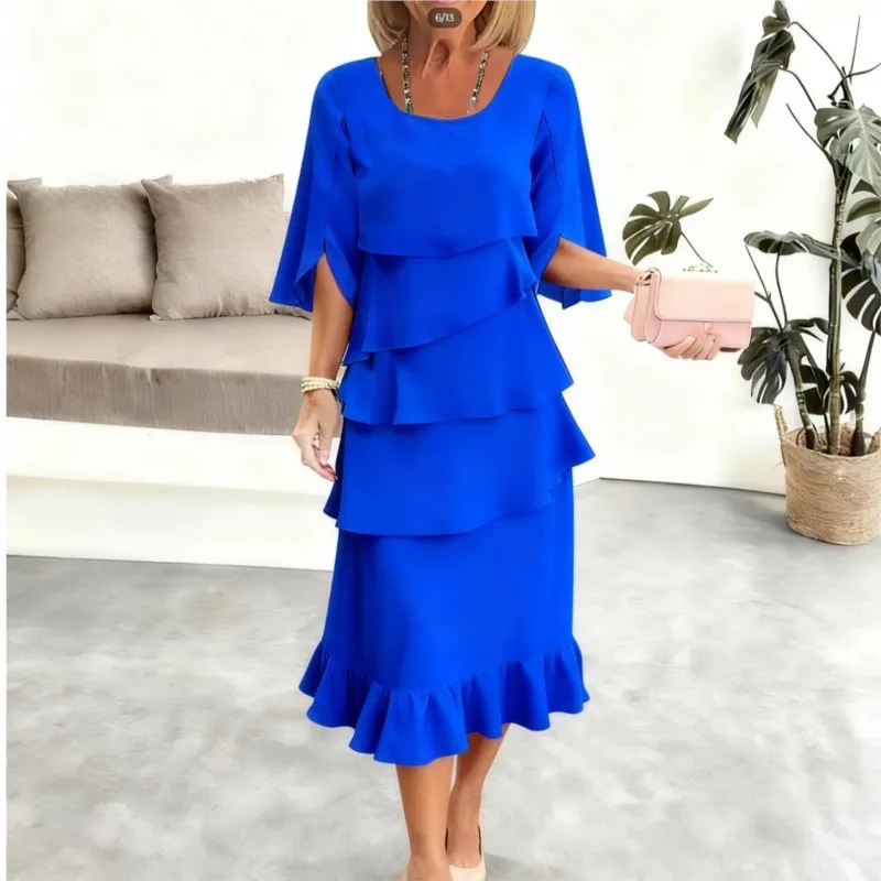 Summer New Solid Color Layered Ruffle Loose Mid-length Sleeve U-neck Dress Women Elegant Formal Occasion Dress