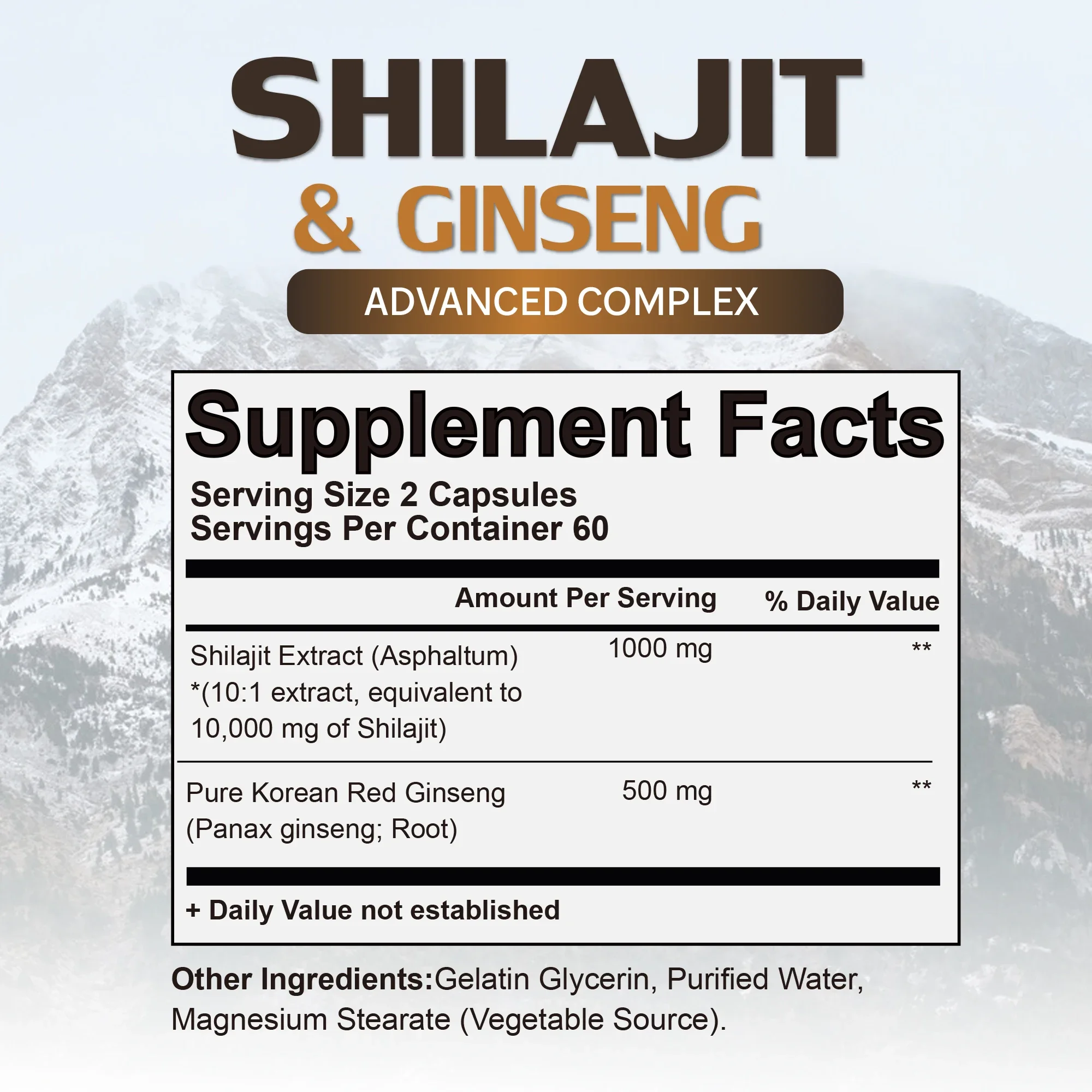 Suplemento Shilajit e Ginseng - fornece energia e resistência, aumenta o cérebro e a memória, suporte imunológico - 120 cápsulas