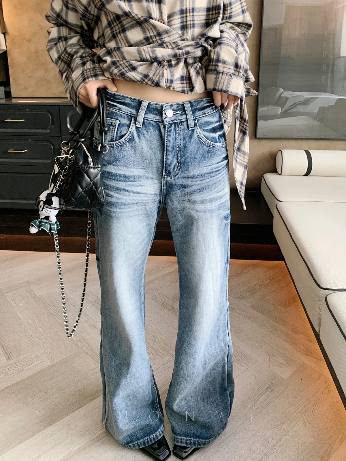 

Женские джинсы-клеш с флисовой подкладкой, повседневные, прямого кроя, синие, с высокой талией, на пуговицах, осенняя новинка