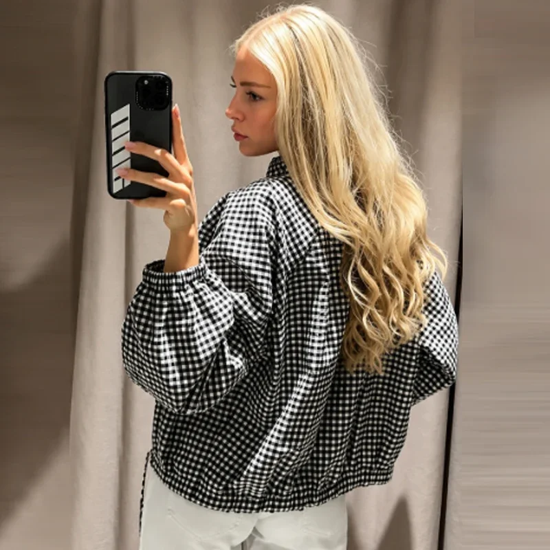 HXAO Gingham Cropped Jacke für Damen, Knopfverschluss, Übergroße Bomberjacke für die Übergangszeit, Vintage-Chic, Langarm-Oberteil, Karierter Mantel – Detail 8