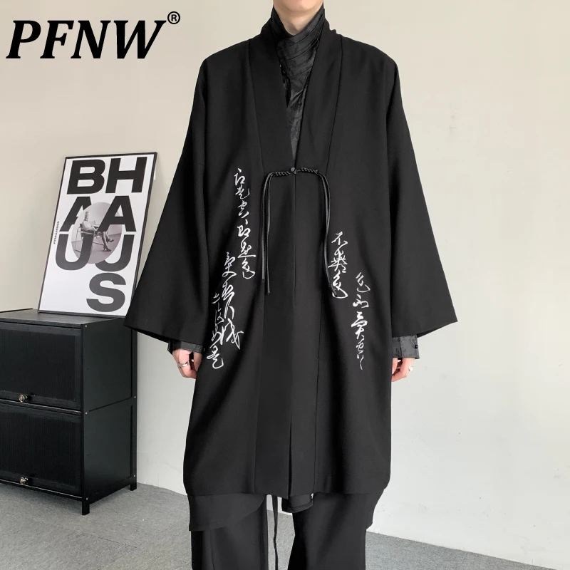 PFNW Chinese Style Men's Coats Calligraphy Embroidery Buttom Casual Tops Long Sleeve Oversize Male Jackets New Summer 12C309