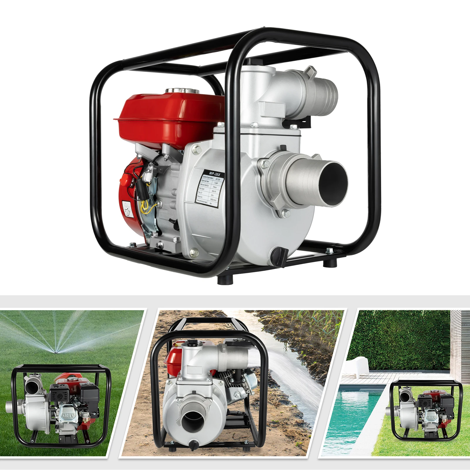 مضخة مياه حمراء قوية 7.5 حصان للري الزراعي، محرك غاز عالي التدفق مع مخرج مدخل 3 بوصة، سبائك ألومنيوم متينة #4