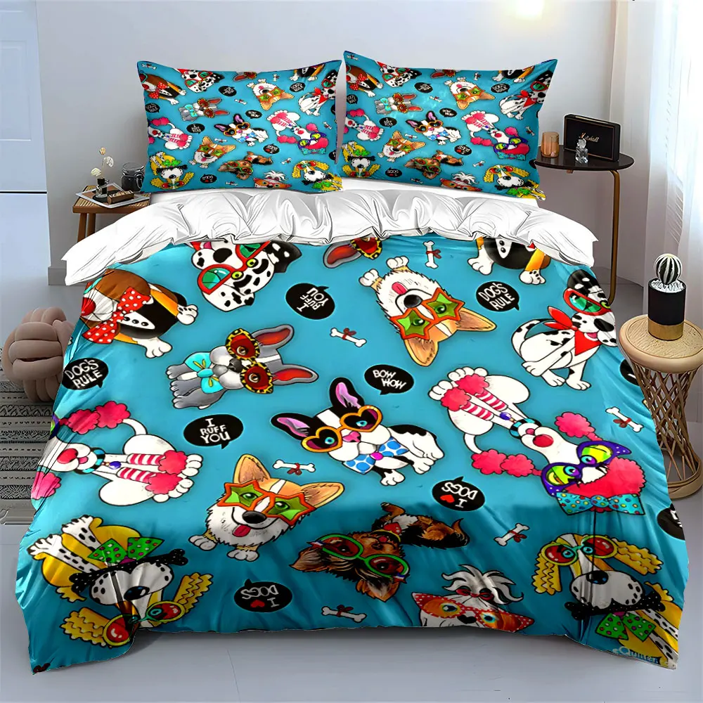 Cartoon dogs with playful outfits Print Bedding Set 1 Duvet Cover 2 Pillowcases for Adult and Children Luxury Gift Full Size