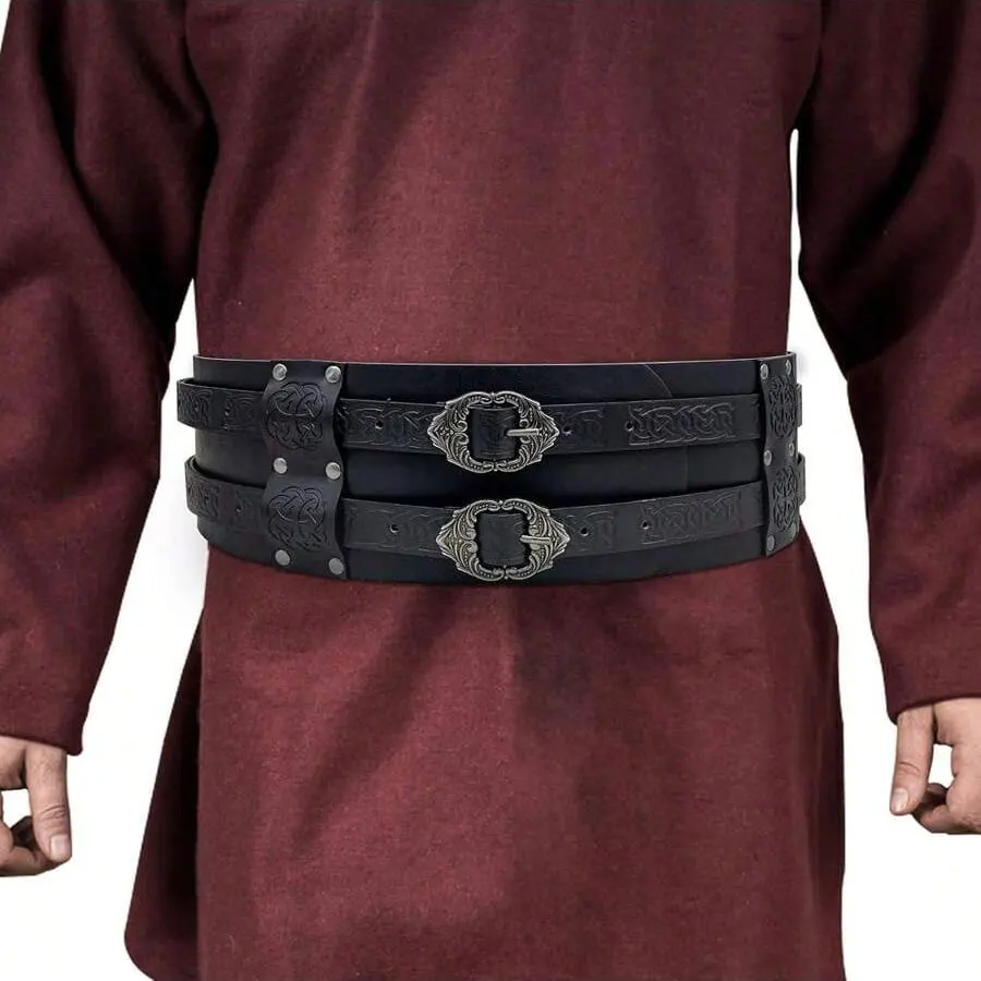 Renaissance Viking Embossed Wide Belt Medieval Faux Leather Armor Belt Medieval Wide Belt for Men PU Leather Costume Accessory