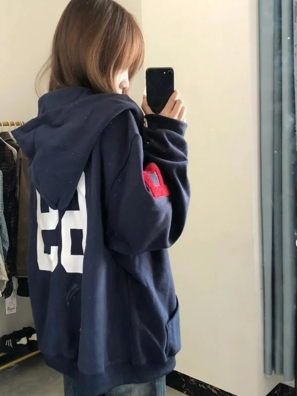 American Style Hooded Embroidered Heavyweight Pure Cotton Sweatshirt Women's Zipper Jacket Trendy Brand Oversized Comfortable