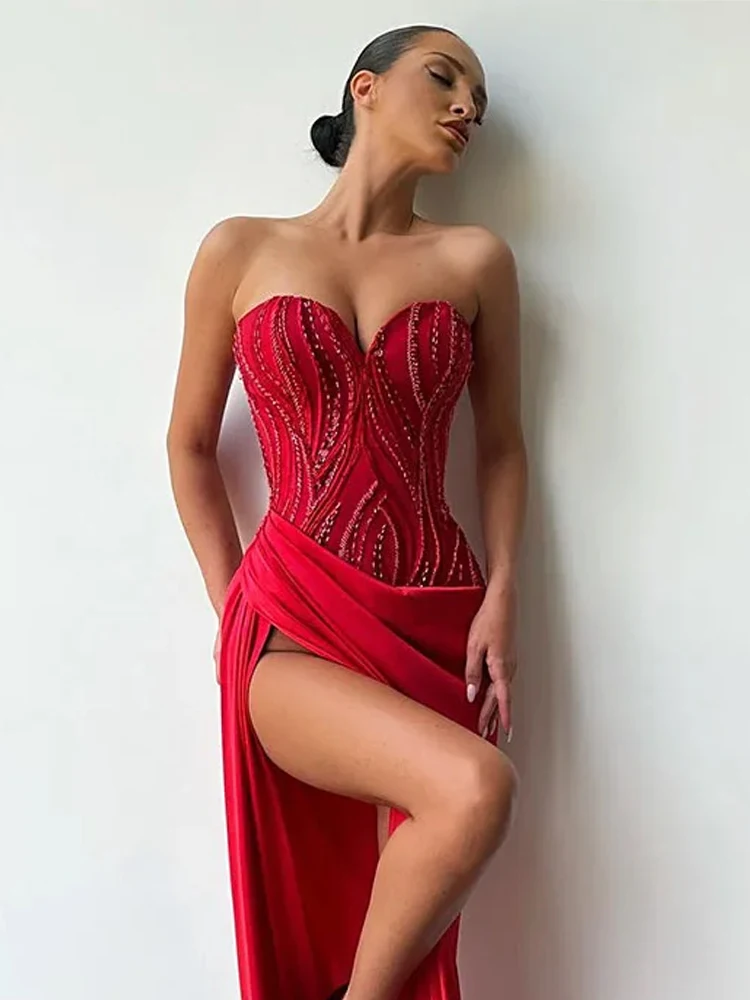 Vestidos De Noche rojos sin tirantes personalizados, vestido De baile sin mangas con cuentas sexys De lujo, vestido De fiesta elegante, batas De Soirée Retro 2024