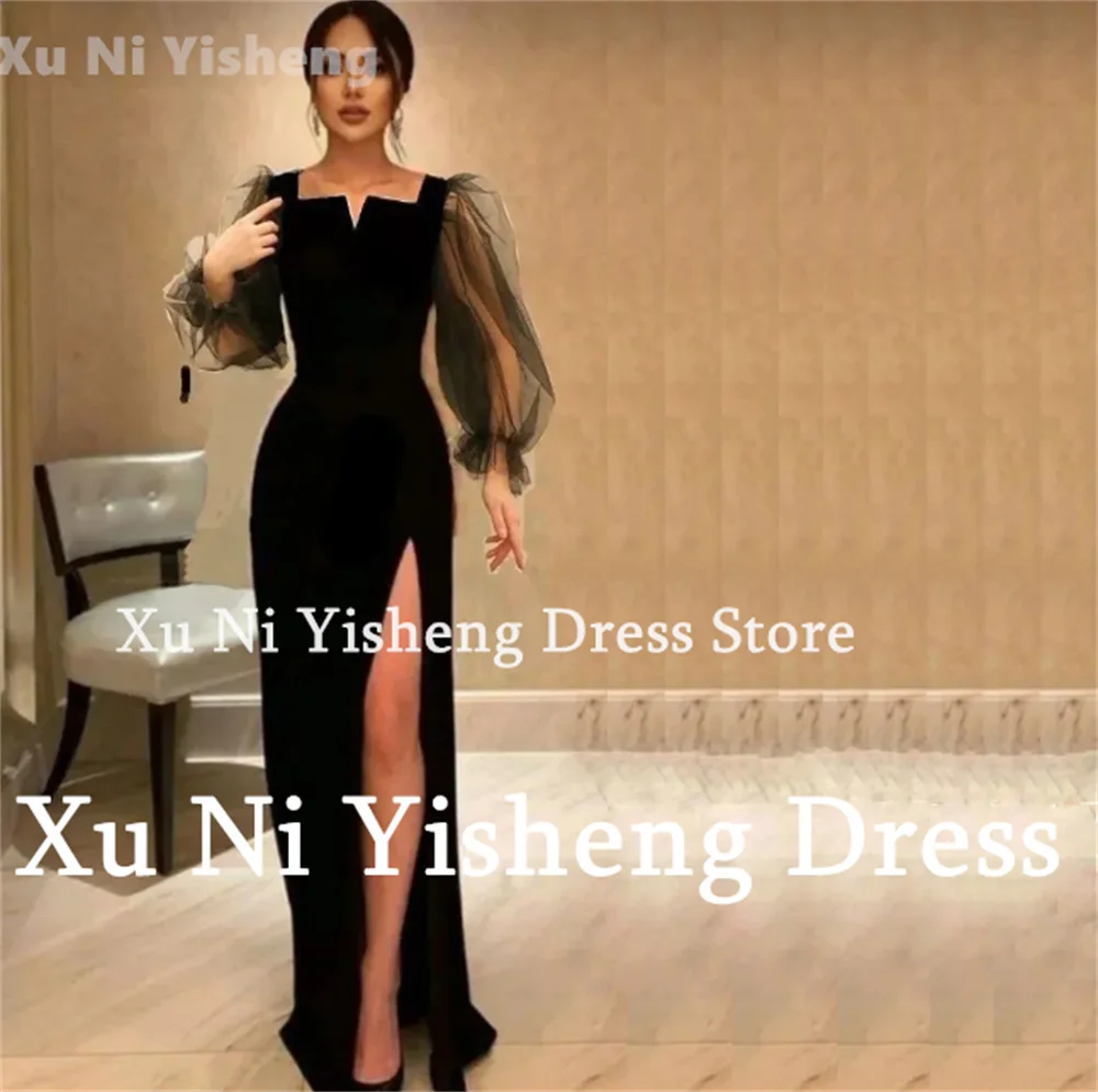 Xu Ni Yisheng-Vestido de noite formal simples de cetim preto para mulheres, mangas compridas, split lateral alto sexy, até o chão, novo vestido de festa