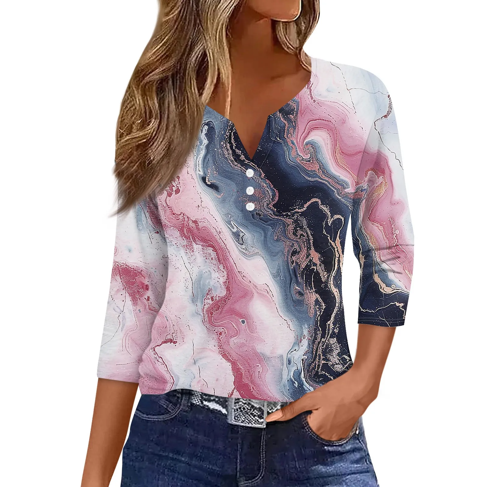 Fashion Marble Print Women's T-shirts V-neck 3/4 Sleeve Tops Tees Casual Daily Sweatshirts Ladies T Shirt Women Clothing