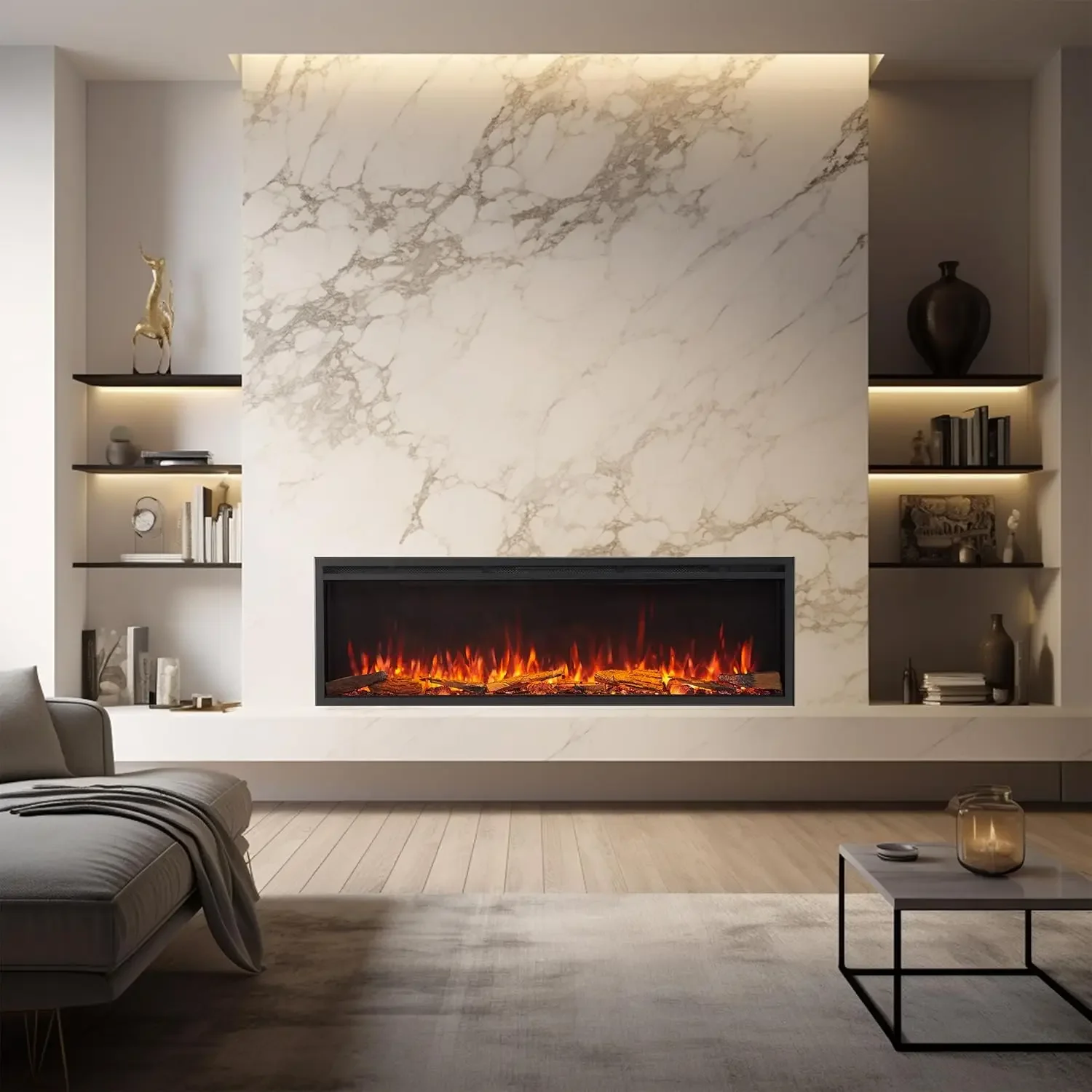 Wall Recessed Electric Fireplace Insert, Heater 750W/1500W, Multi Colors of Flame & Fuel Bed, Alexa/Google Assistant Enabled