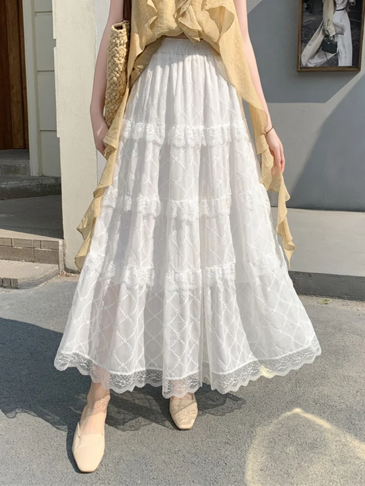 

SMTHMA 2025 New Spring/Summer French Lace Jacquard Splicing White Cake Skirt Women's High Waist Embroidery A-line Long Skirt
