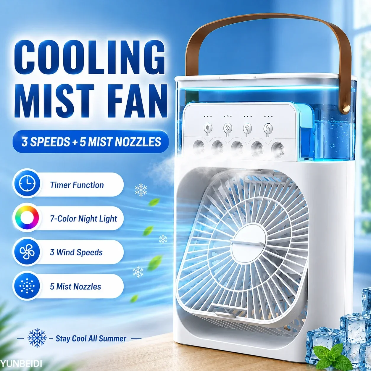 Three-in-one Fan Air Conditioner LED Light Portable Humidifier Air Conditioner Fan 3/4 Wind Speed Outdoor Travel Water Spray Fan