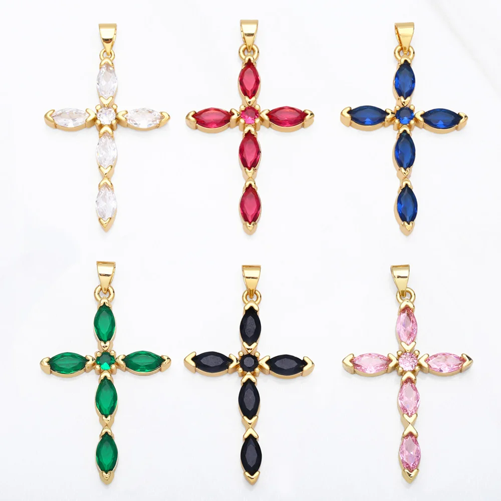 OCESRIO Multicolor Cross Necklace Pendants Gold Plated Cubic Zironia Copper Big Crucifix Components for Jewelry Making pdta739