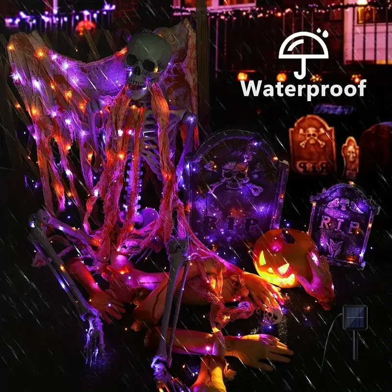 1pc Solar Orange & Purple Halloween Lights, 39.37ft 120 LED, Purple Solar Halloween Lights 8 Modes, Outdoor Twinkle Fairy Lights