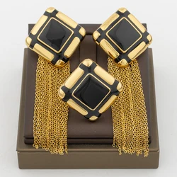 Luxury Tassel Earrings with Ring Set for Dubai African Gold Color and Black Color Matching Jewelry Set Square Design Earrings