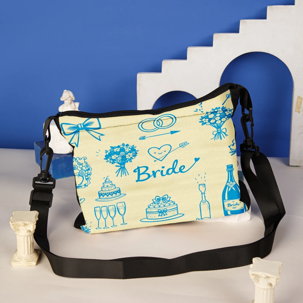 Bride Wedding Theme Crossbody Bag Yellow Blue Floral Cake And Rings Print Shoulder Bags For Bridal Shower Party Events Wedding A