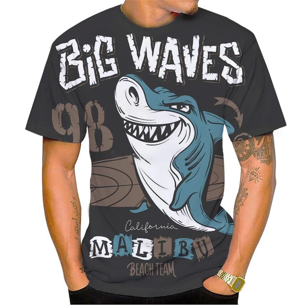 New Hot Sale Shark Surf Shark 3D Printing Men's Short Sleeve T-Shirt Fashion Casual Harajuku Style Shark Art Short Sleeve Tops