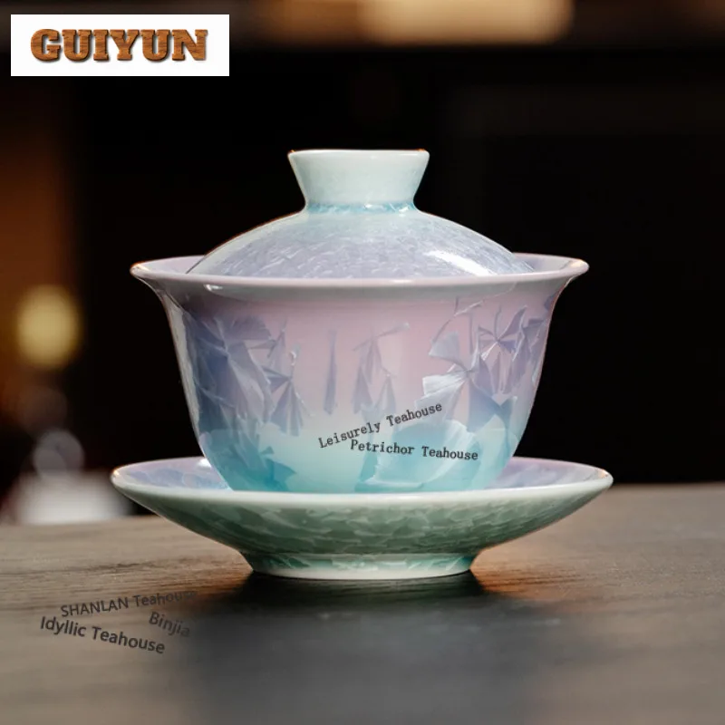 

160ml Crystal Glaze Kiln Fambe Blue Purple Gaiwan Boutique Tea Tureen Tea Bowl With Lid Kit Tea Maker Cover Bowl Drinkware Craft