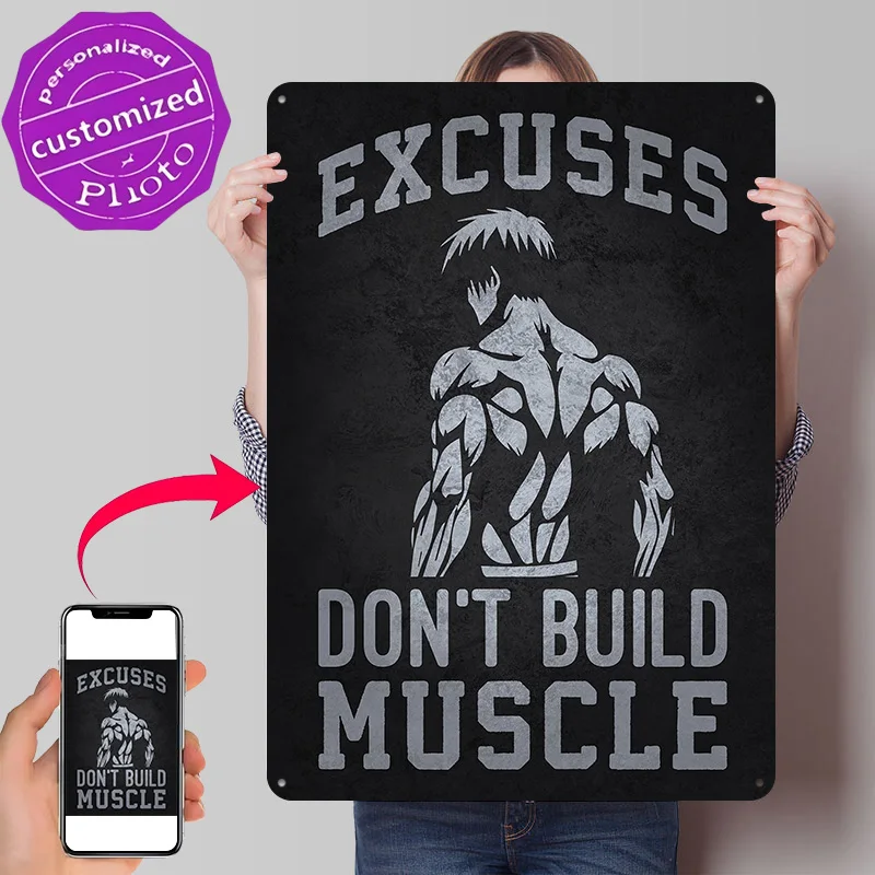 Excuses Don't Build Muscle - Anime Gym Poster Retro 3D Printed Metal Signs Customized Wall Hanging Gift for Bar Accessories Art