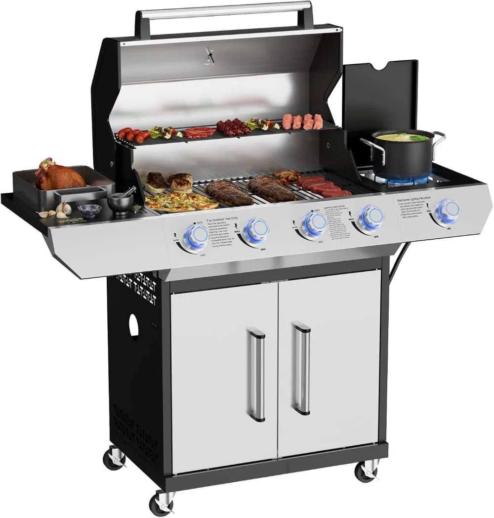 

4 Led Burner Propane Gas Grill with Side Burner Led Knob, 60,000 BTU Stainless Steel Gas Grill with Porcelain-Enameled Cast