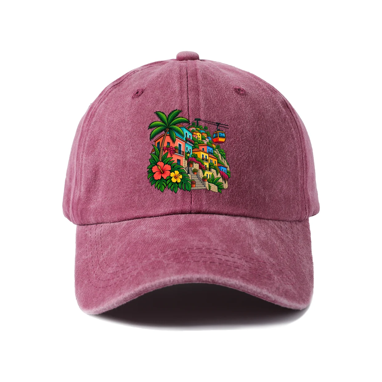Tropical Flower Cluster Graphic Vintage Washed Baseball Cap, Adjustable Unisex Dad Hat, Weekend Gift