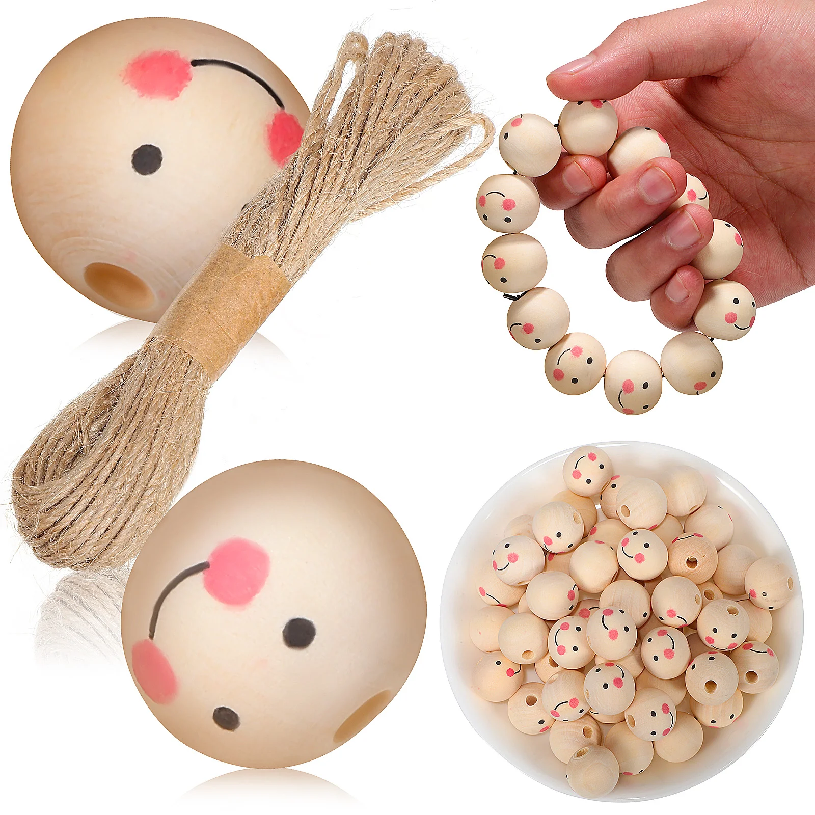 80pcs Smile Face Wooden Beads 20mm Natural Color 10M Jute Rope for Jewelry Making Bracelets Home Decor Crafts