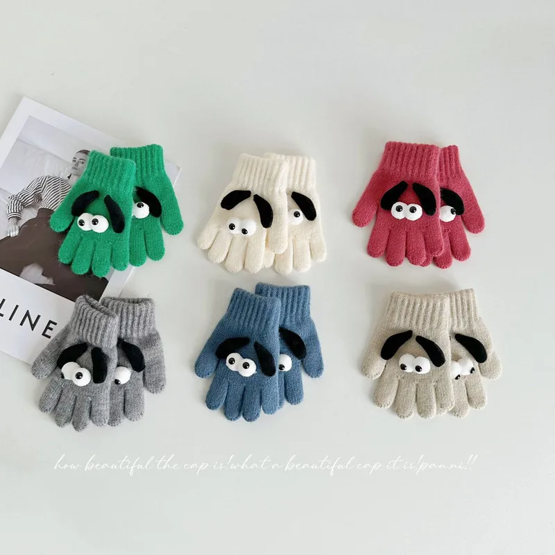 Cute Cartoon Knitted Kids Gloves Mittens for Boys Girls Autumn Winter Winterproof Warm Children Baby Finger Gloves 3-7 Years Old