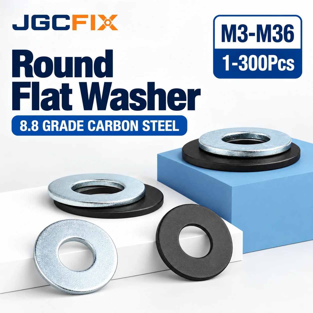 1-300Pcs M3 M4 M6 M8-M36 8.8 Grade Carbon Steel Flat Washers Black Oxide or Zinc Plated Plain Washer Spacer for Bolts and Screws
