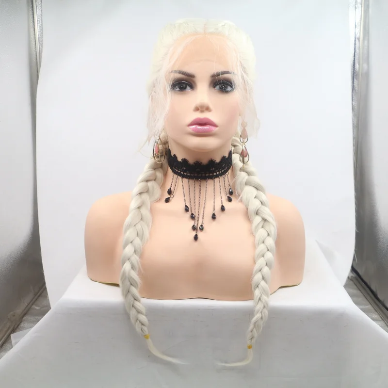 

Synthetic fiber front lace white wig with doll bangs, double ponytails, and fishbone braids