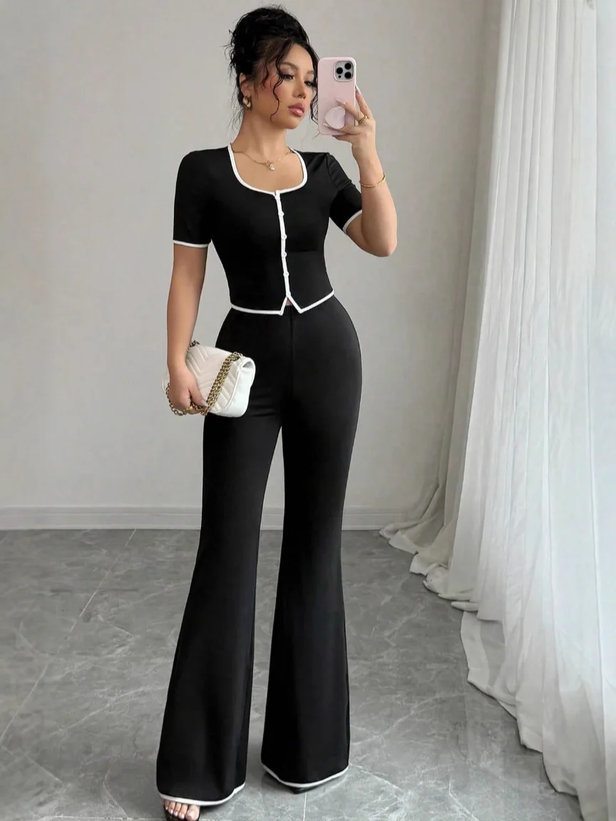 New Suit Spring And Summer Elegant And Sexy Slim-fitting Crew Neck Short-sleeved Top And Trousers Two-piece Set