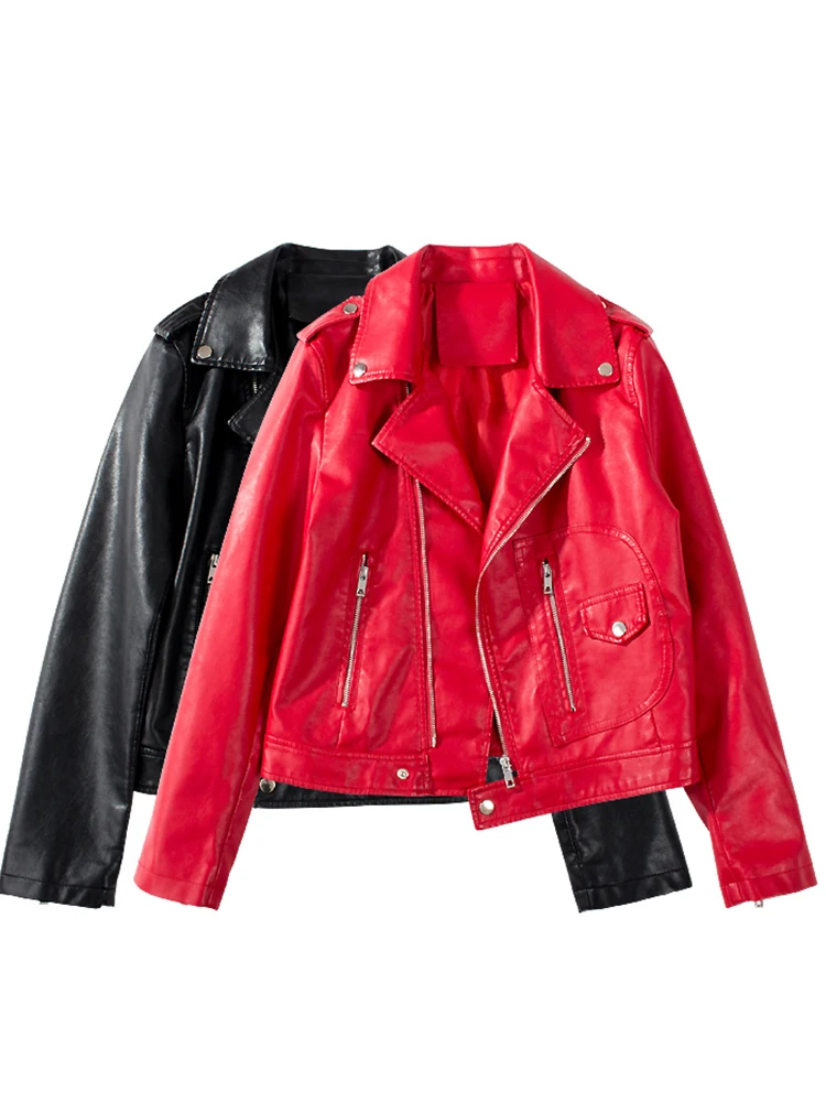 FMFSSOM-Veste en similicuir souple pour femme, grande poche, rouge, décontracté, fermeture éclair, manteau en PU, mode moto motard, vêtements d'extérieur chauds, printemps, automne, 2024