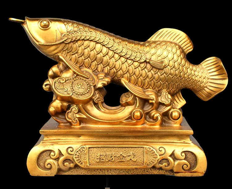 Bring in wealth treasure HOME office Money Drawing TOP efficacious Talisman # Golden Fish Arowana FENG SHUI Brass statue