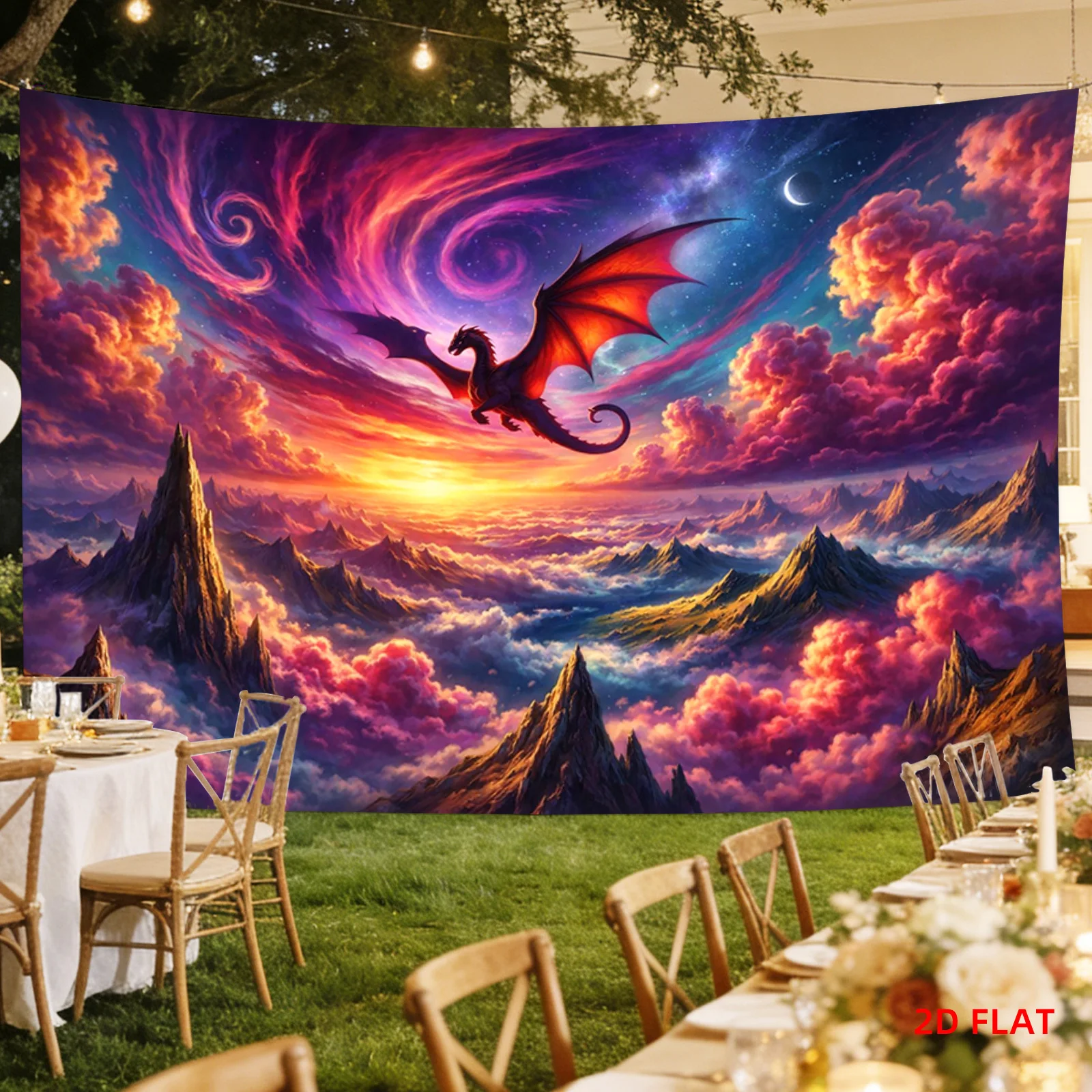 Majestic Dragon Soaring Over Cosmic Mountains at Sunset Tapestry Wall Art for Bedroom Living Room Fantasy Decor Home Decoration