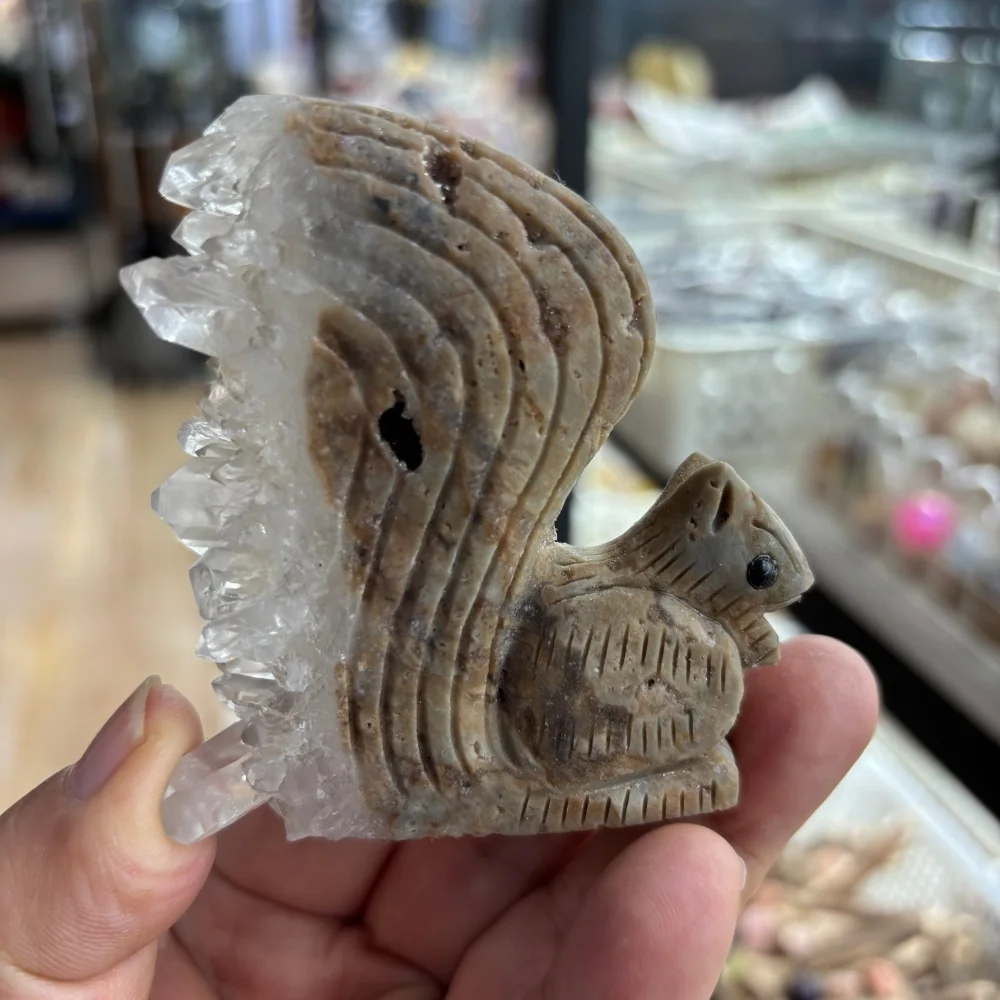 Geode Agate Squirrel Animal Quartz Carving Polished Natural Healing Figurine Home Decor Animal Craft Gift