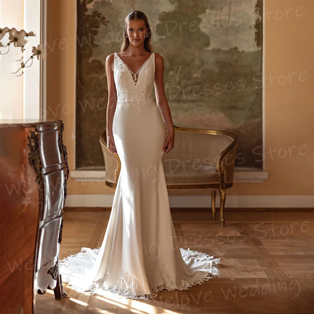 Beautiful Mermaid Women's Wedding Dresses Lace Appliques Backless Customized Vestidos De Novia Bride Gowns V Neck Vestidos Boda