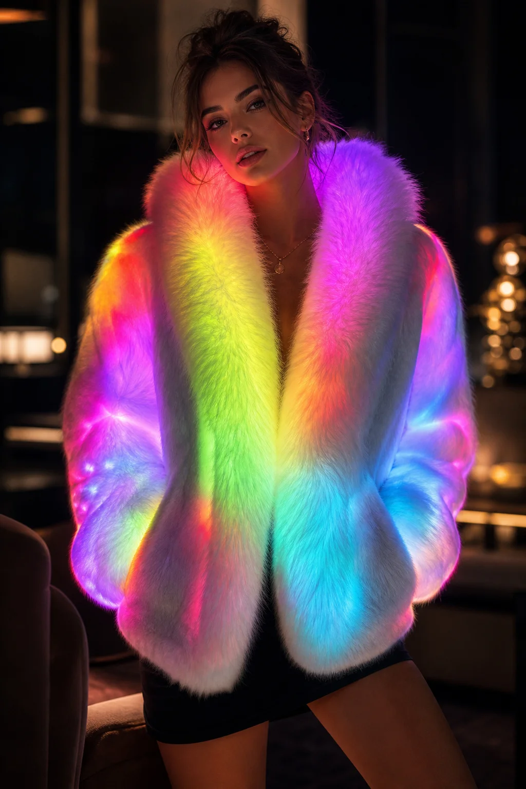 LED Light Up Rainbow Faux Fur Coat, Glow in The Dark Fluffy Fur Jacket for Women/Men, Neon Rave Outfit Halloween Christmas Costu