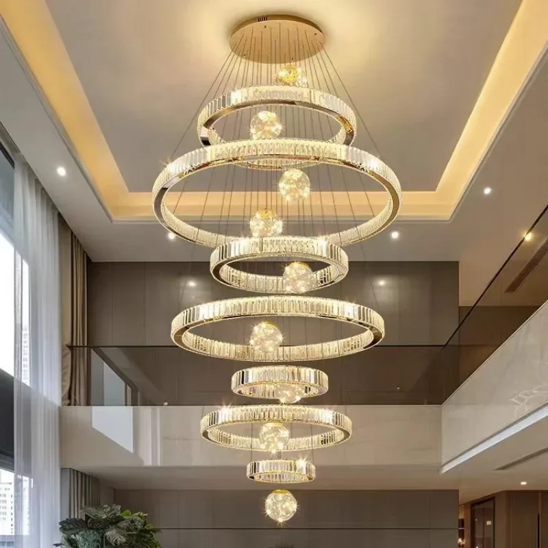 Villa duplex building chandelier, living room, empty stairs, light luxury crystal lamp
