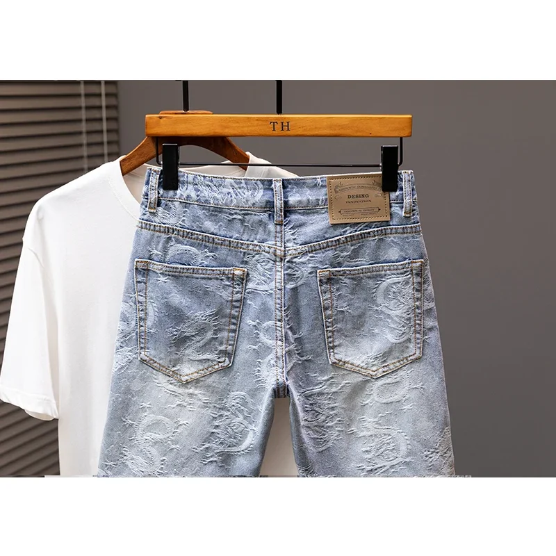 2024 Summer New Personality Dragon Print Stylish Straight Blue Denim Shorts Male Street Style Men\'s Straight Denim Shorts