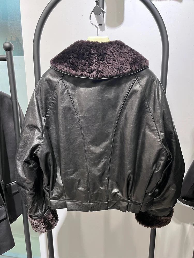 Women Goose Down Jacket Genuine Sheepskin Leather Jacket Natural Merino Sheep Fur Collar Short Coat Luxury Warm Puffer Jacket