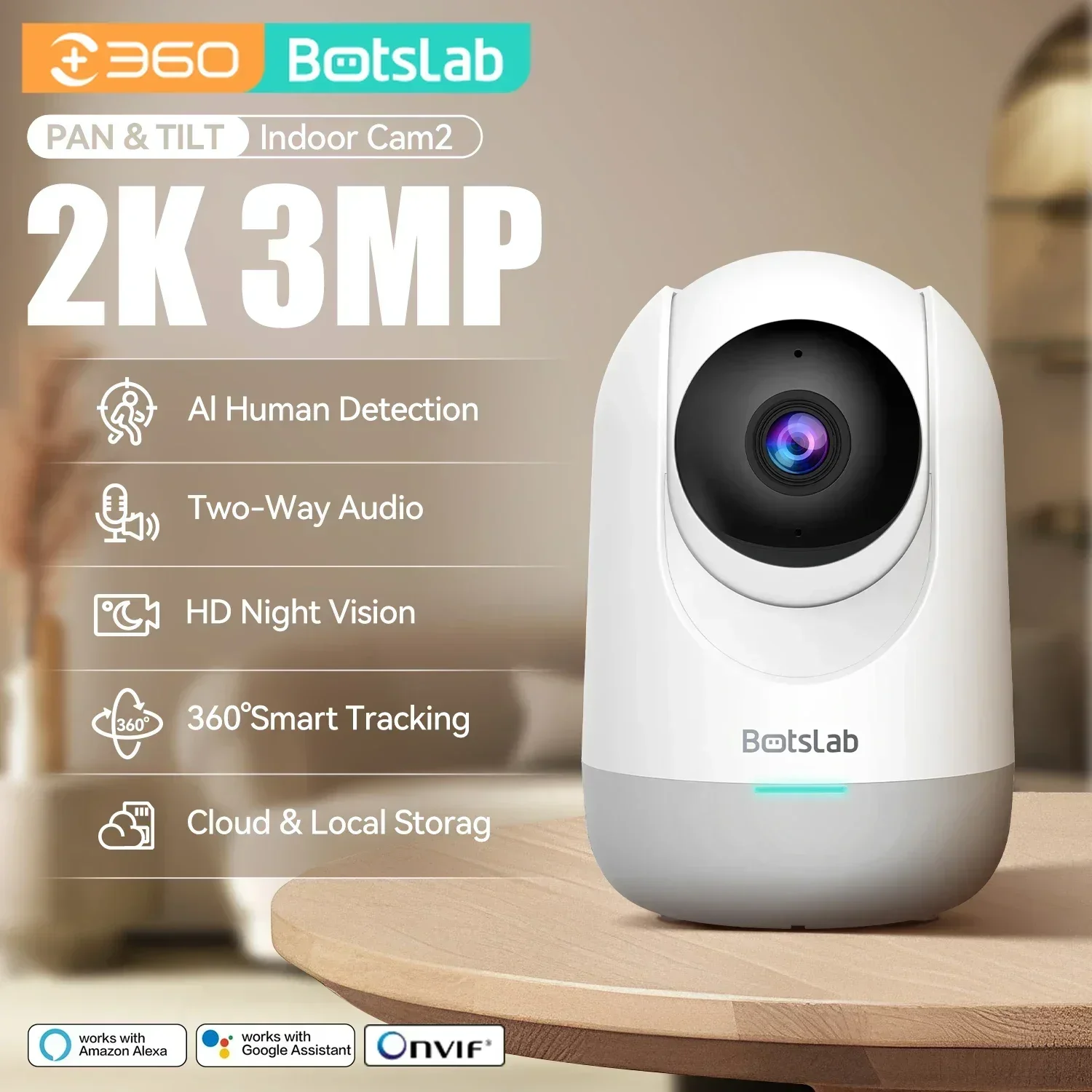 

Botslab 2K 3MP Wi-Fi внутренняя домашняя камера безопасности Smart Pan Tilt Cam с функцией обнаружения тела и движения, радионяня ночного видения